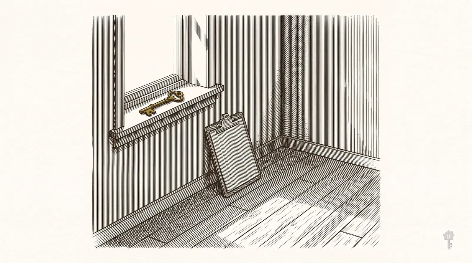 Engraving of an empty rental room after move-out with a brass key on the windowsill