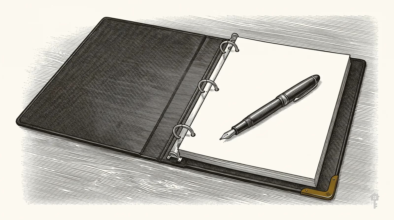 Engraving of an open lease binder with a fountain pen and brass corner protector