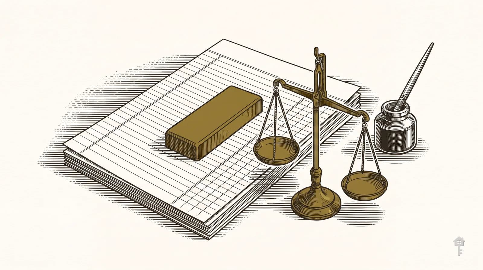 Engraving of blank ledger sheets, a coin scale and a brass paperweight on a desk
