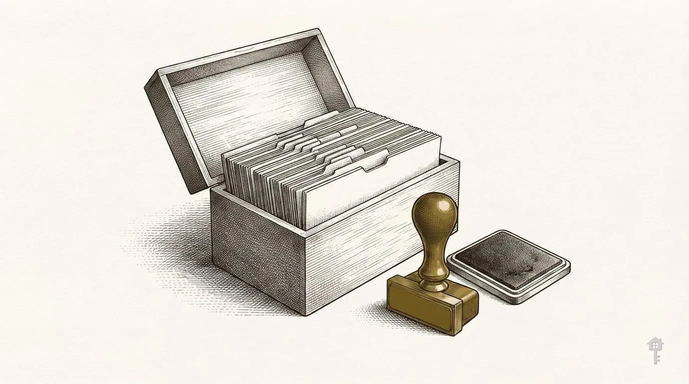 Engraving of an open card index box beside a brass hand stamp