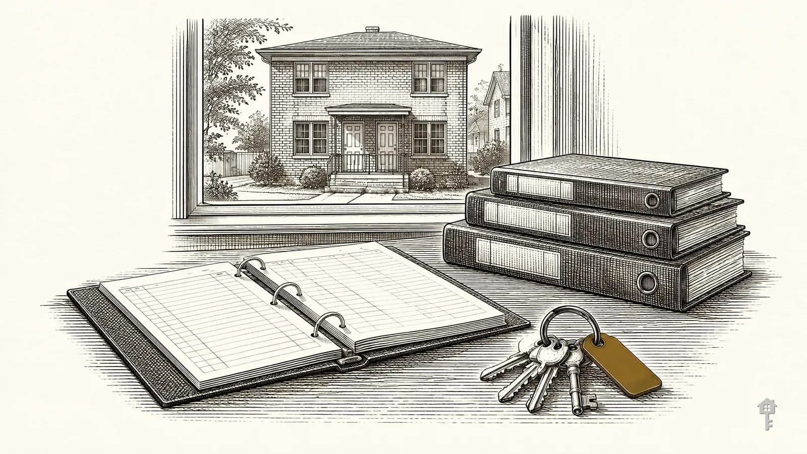 Engraving of an open lease binder, a stack of closed binders and a ring of keys on a landlord's desk, a brick duplex through the window