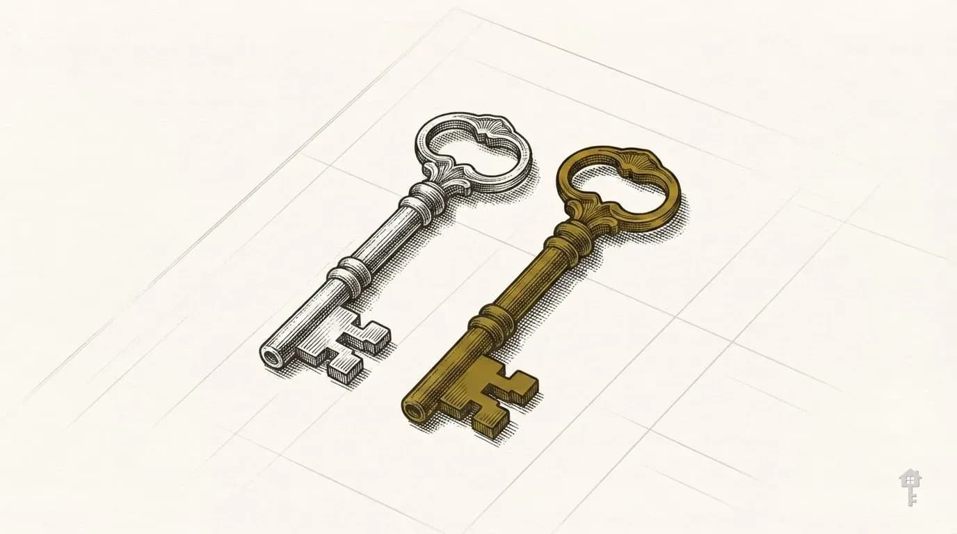 Engraved pair of brass keys side by side on a ruled sheet
