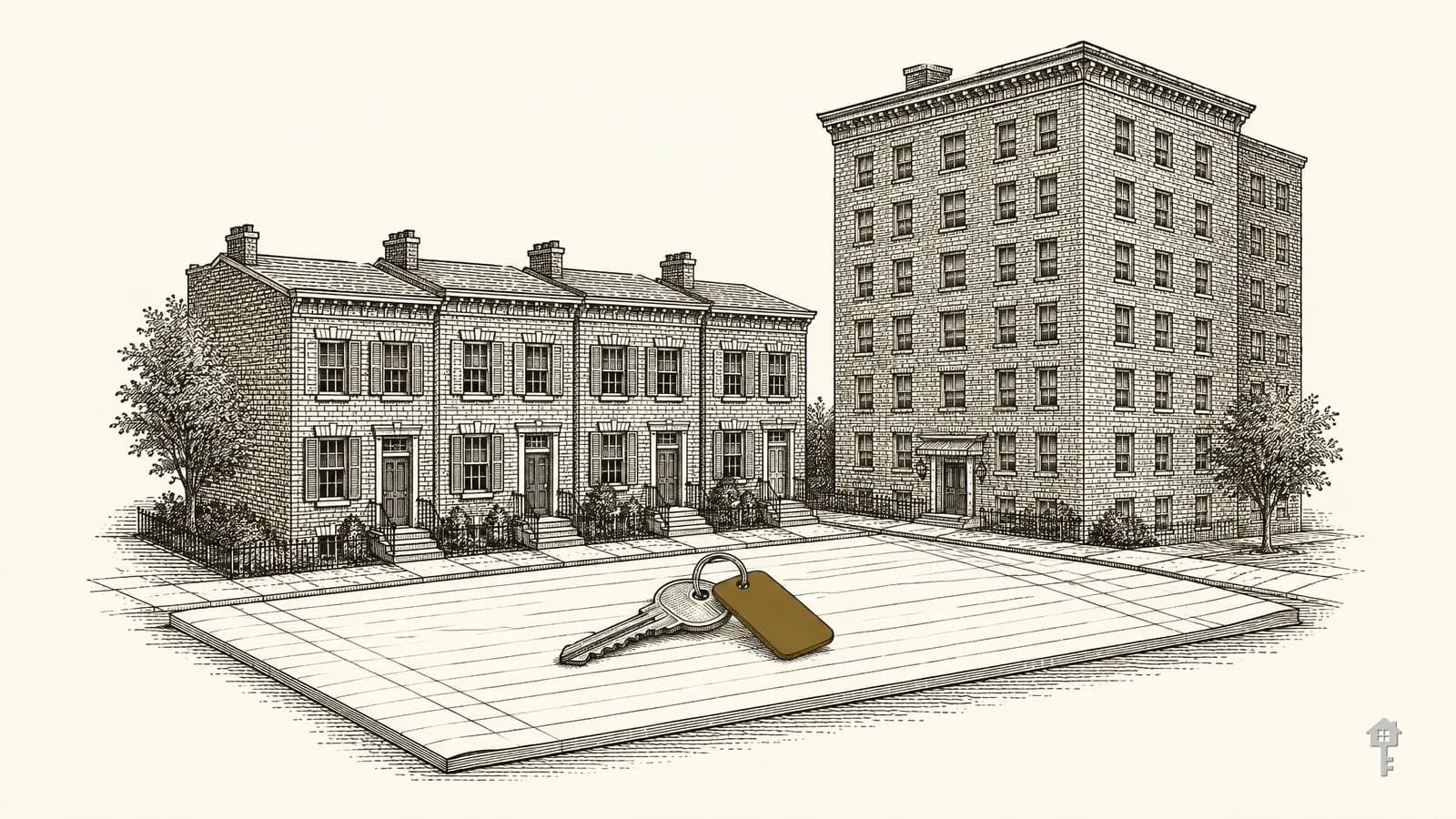Engraving of four small rowhouses and a tall apartment block standing on one long ledger page, a single key resting between them