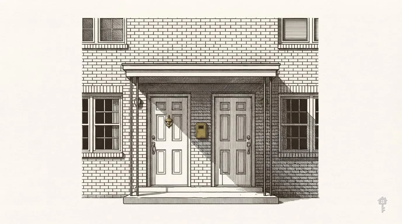 Engraving of two front doors side by side, one with a brass knocker and one with a key-safe