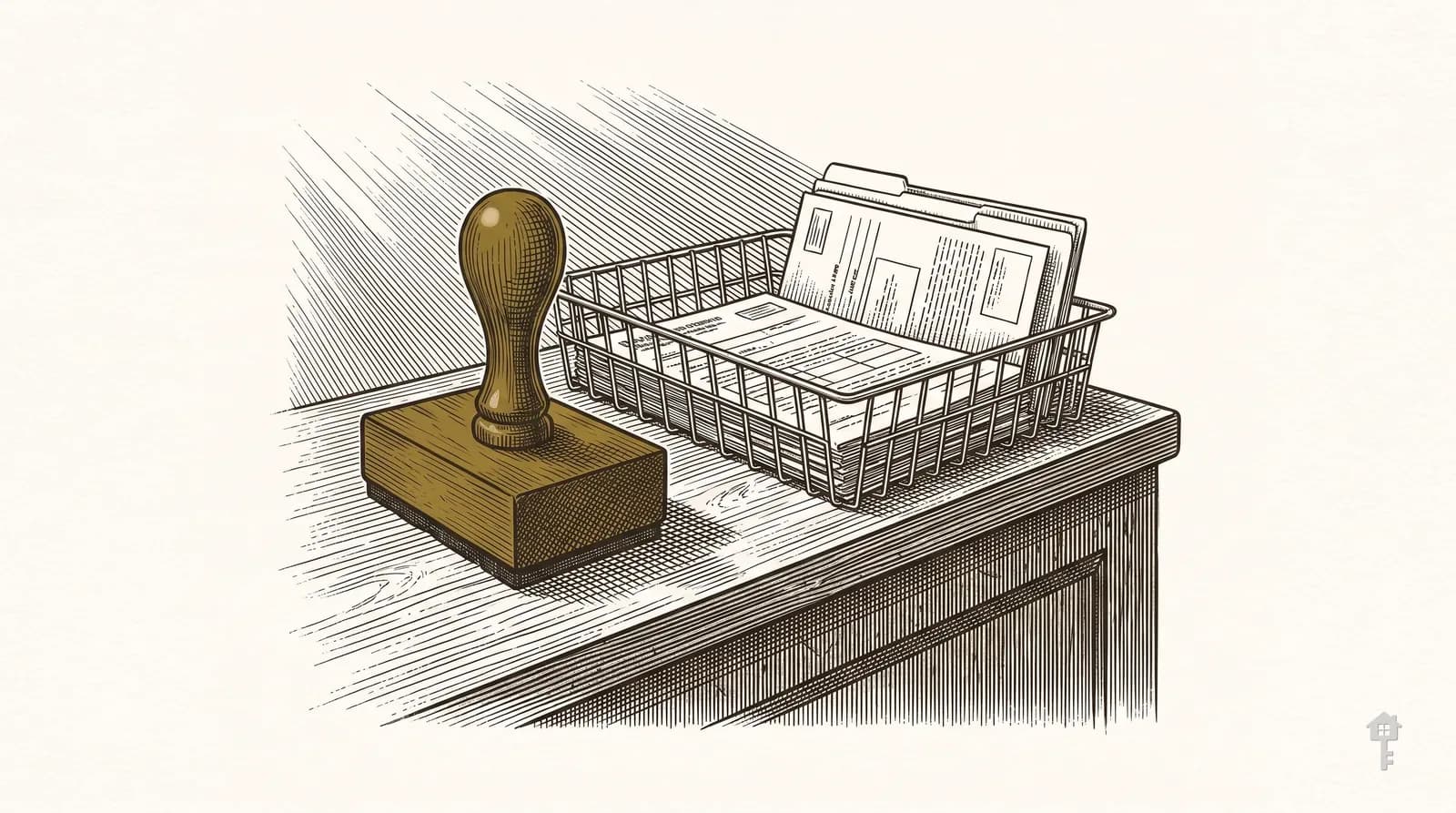 Engraving of a clerk's filing counter with a stamp and wire basket