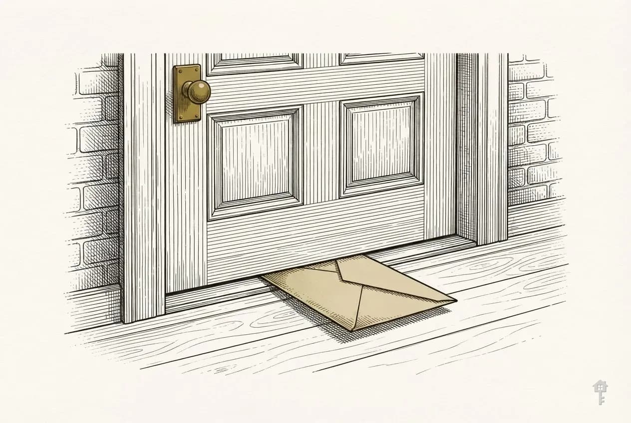Engraved envelope slid under a closed door