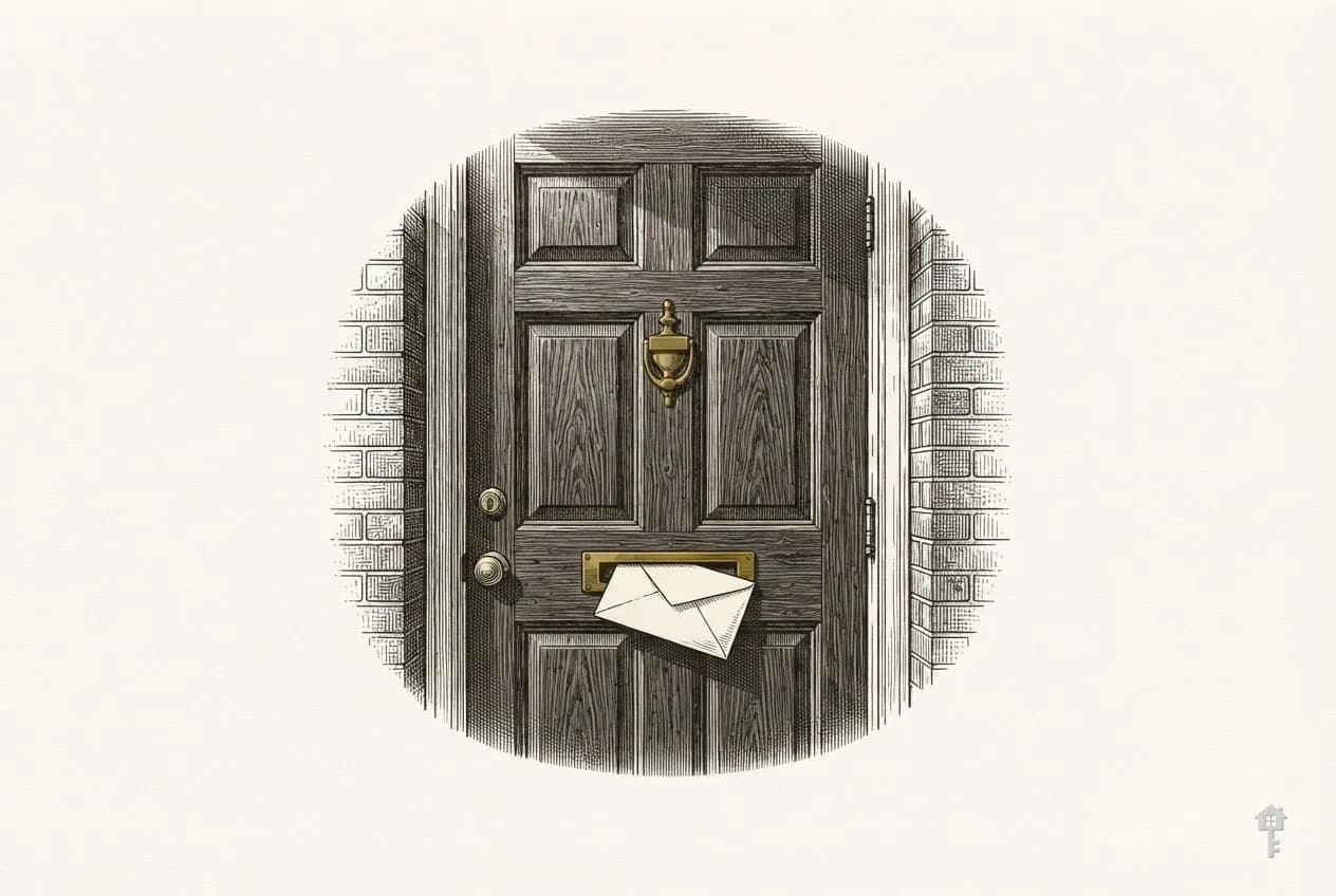 Engraved front door with an envelope pushed halfway through the letter slot