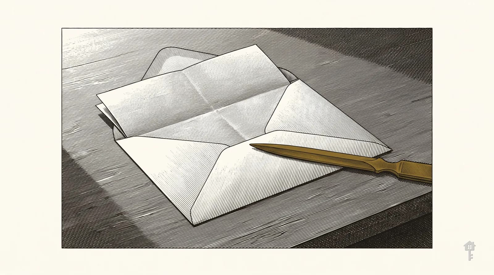 Engraving of a folded letter half out of its envelope beside a brass letter opener