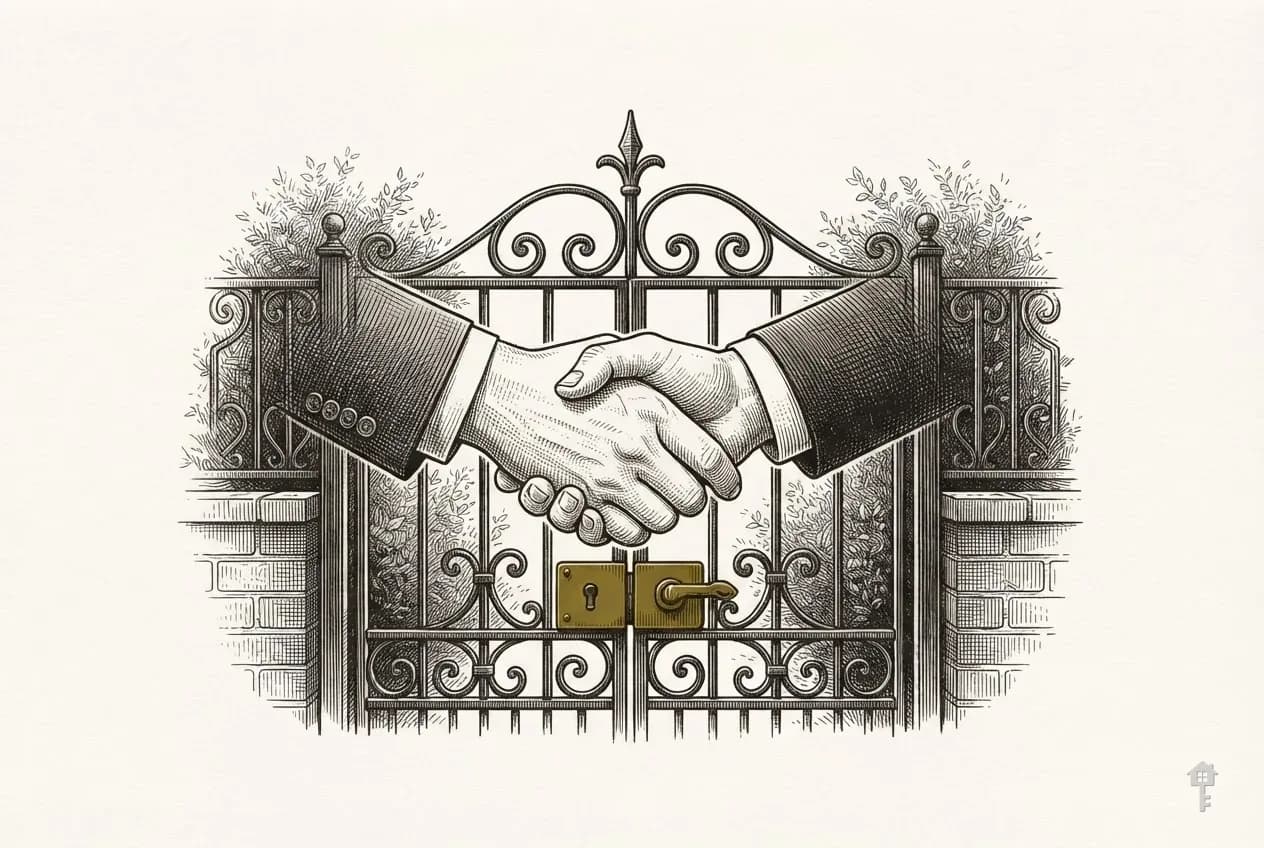 Engraved handshake over a garden gate