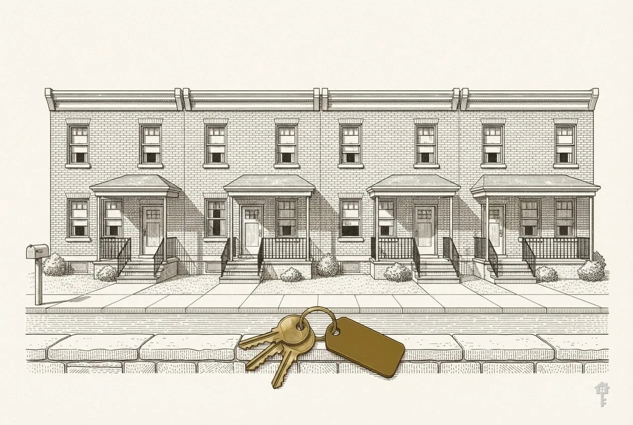 Engraved terrace of brick apartment houses with iron railings