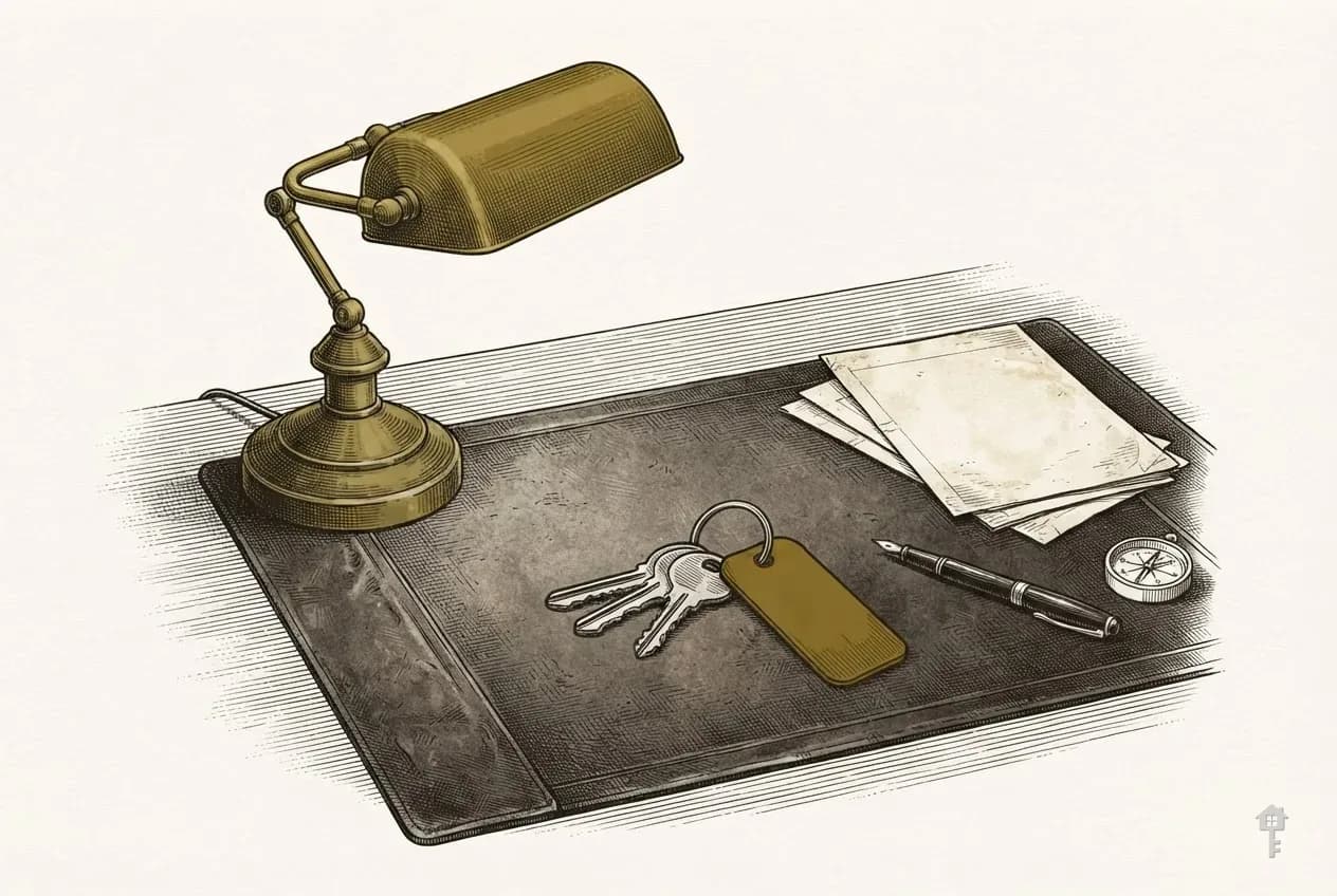 Engraved desk lamp over a drafting blotter