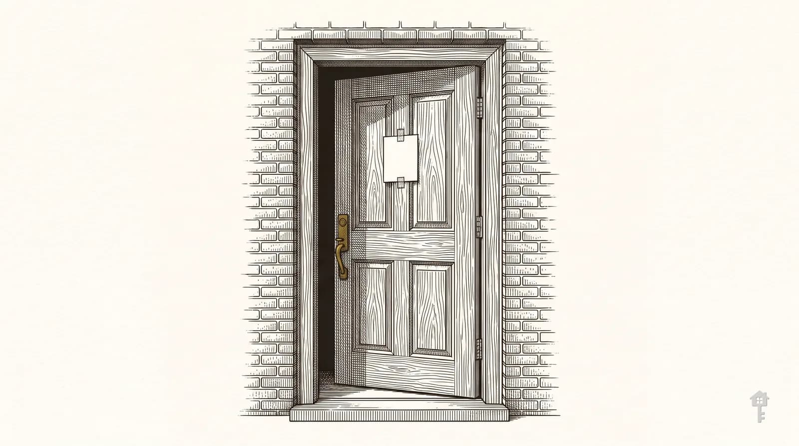 Engraving of a front door ajar with a notice at eye height