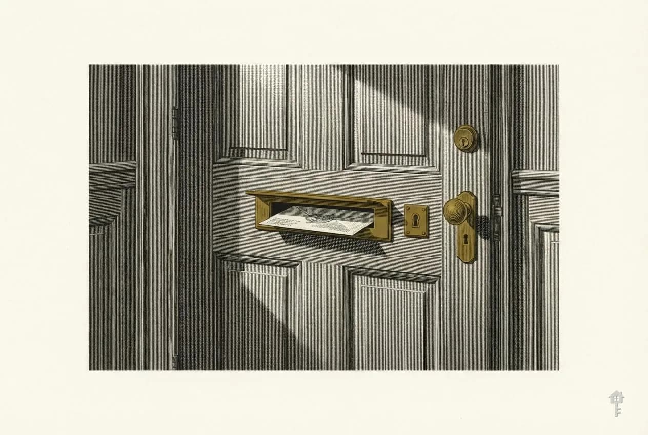 Engraved letter slot seen from inside the door