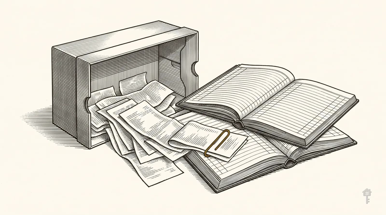 Engraving of a shoebox of receipts beside a ledger
