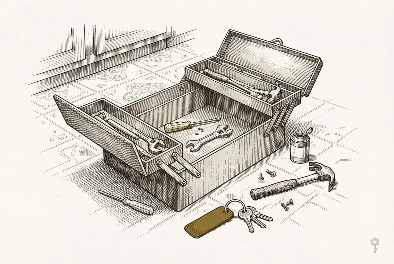 Engraved open toolbox on a kitchen floor