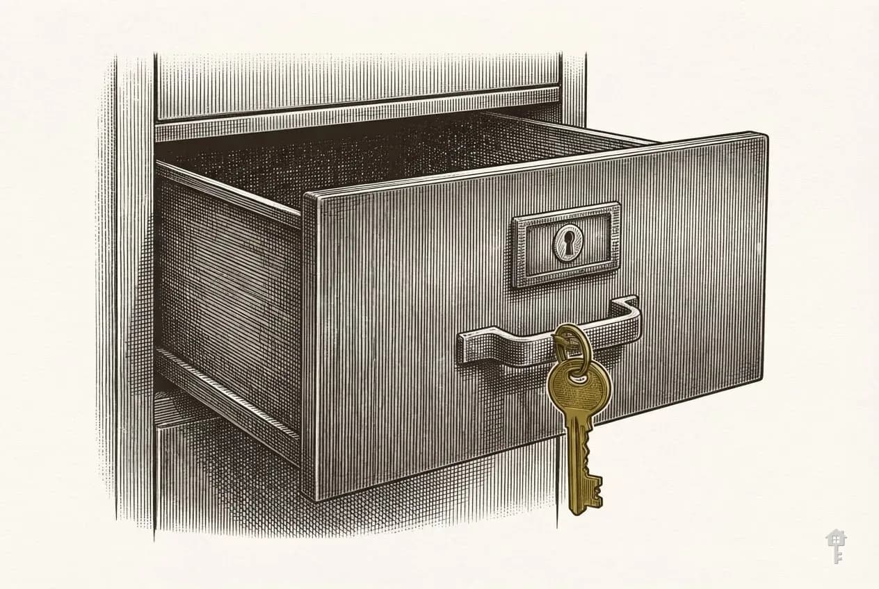 Engraved filing cabinet drawer pulled out