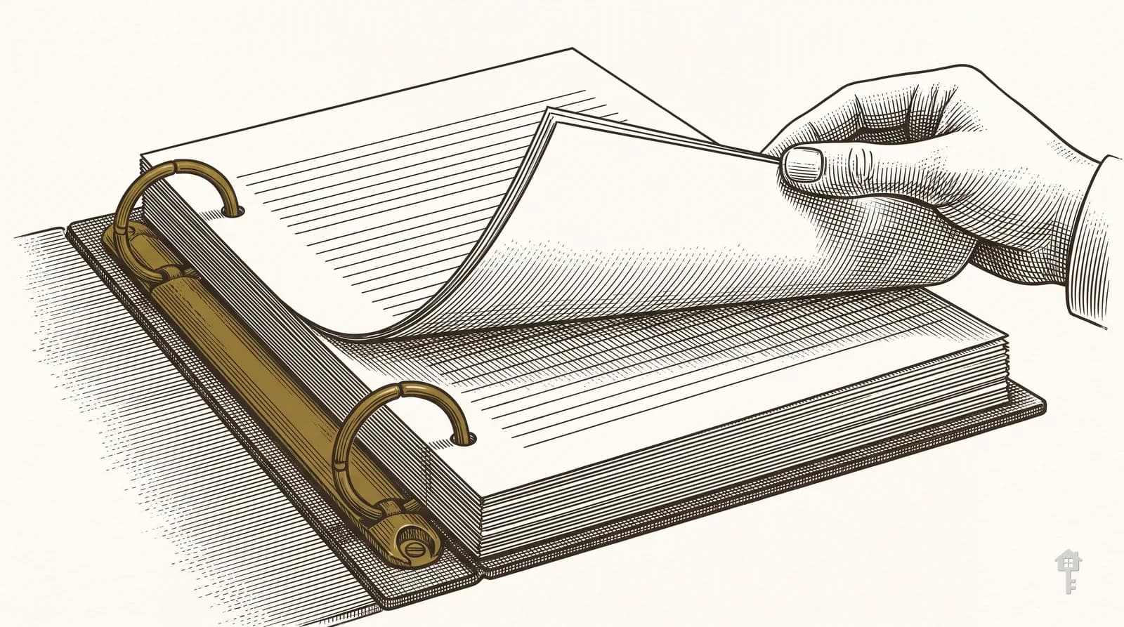 Engraving of a lease binder ring open to add a renewal page