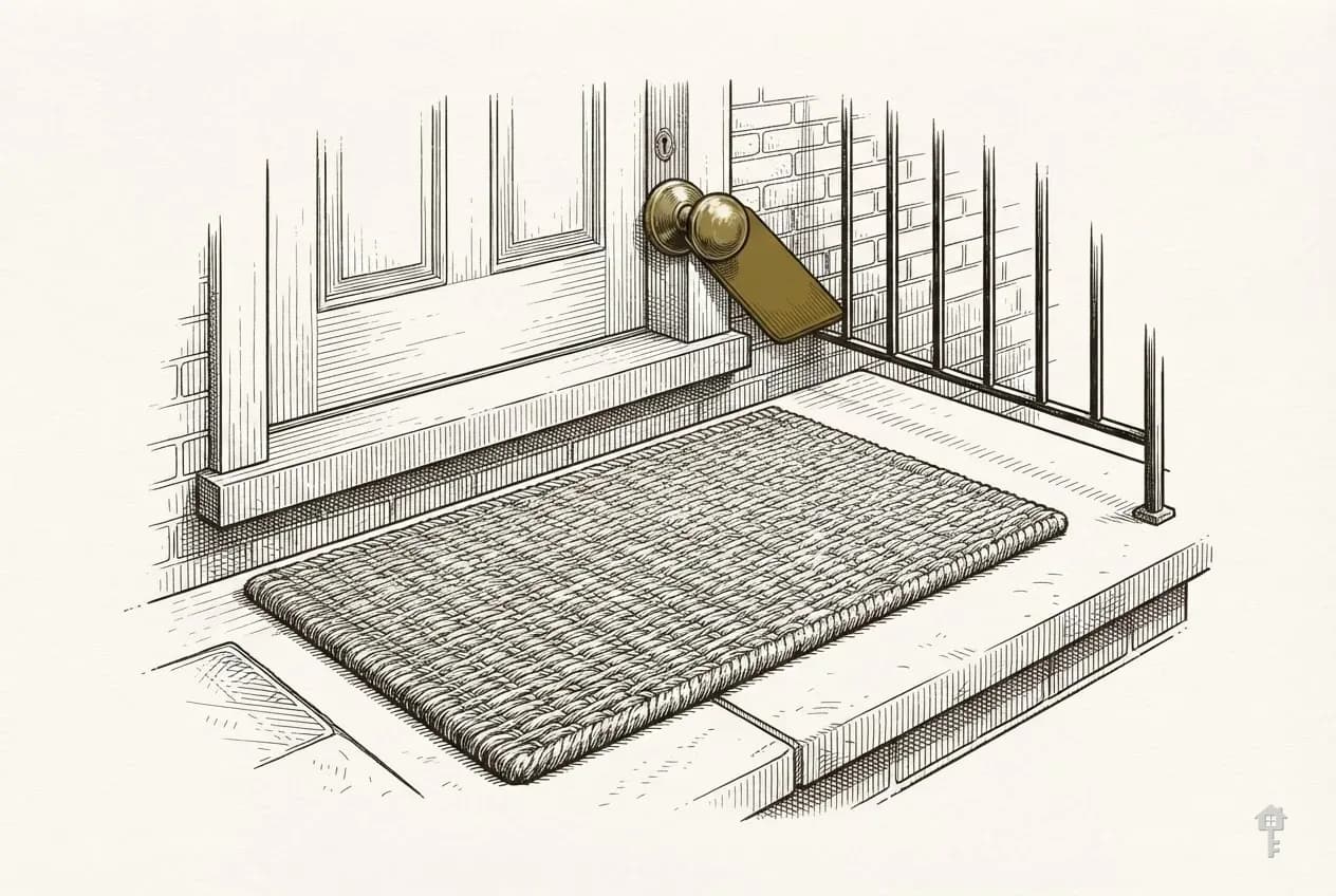 Engraved front porch with a new doormat