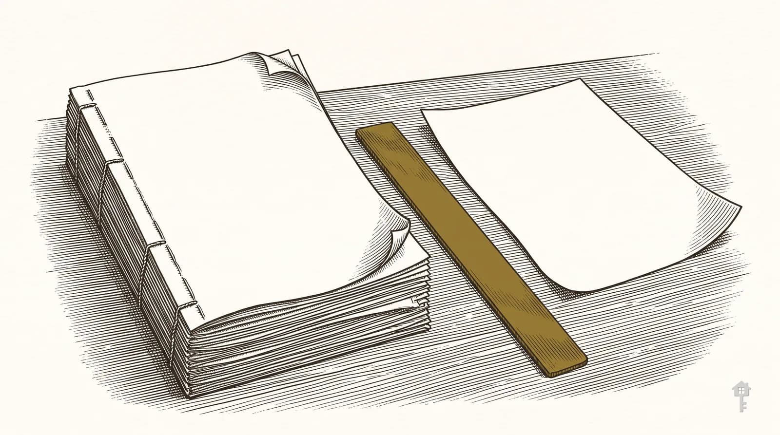 Engraving of a thick stitched stack of pages beside a single loose sheet, an unmarked brass straight-edge laid between them