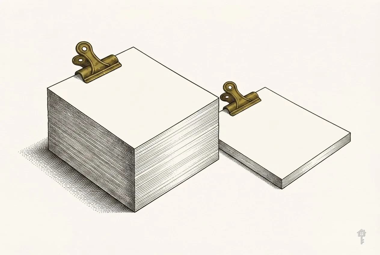 Engraved thick and thin stacks of blank paper under brass clips