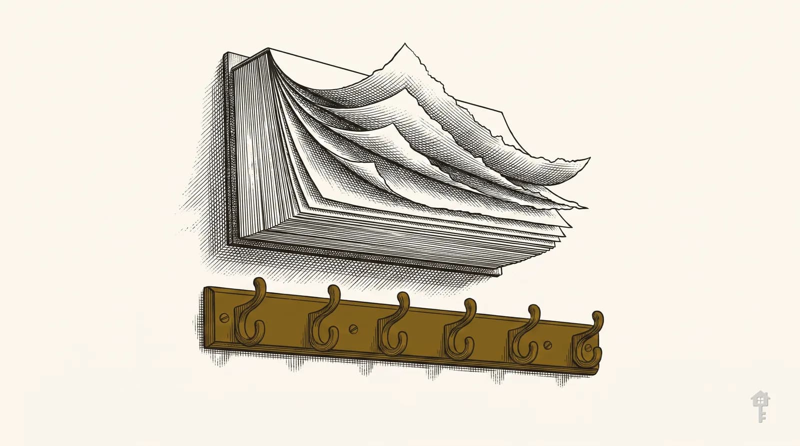 Engraving of a torn tear-off pad above a rail of brass key hooks