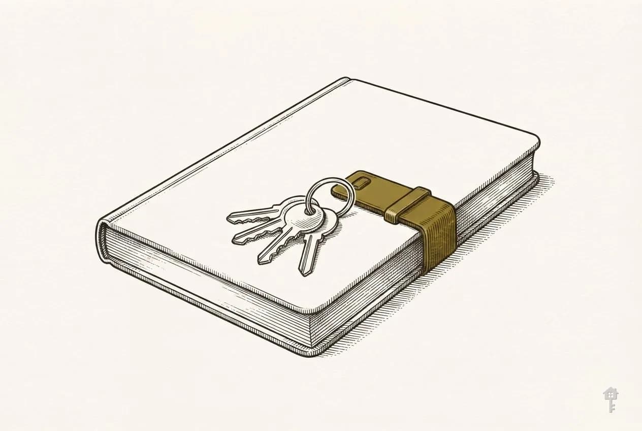 Engraved closed desk diary with a brass clasp and a key ring