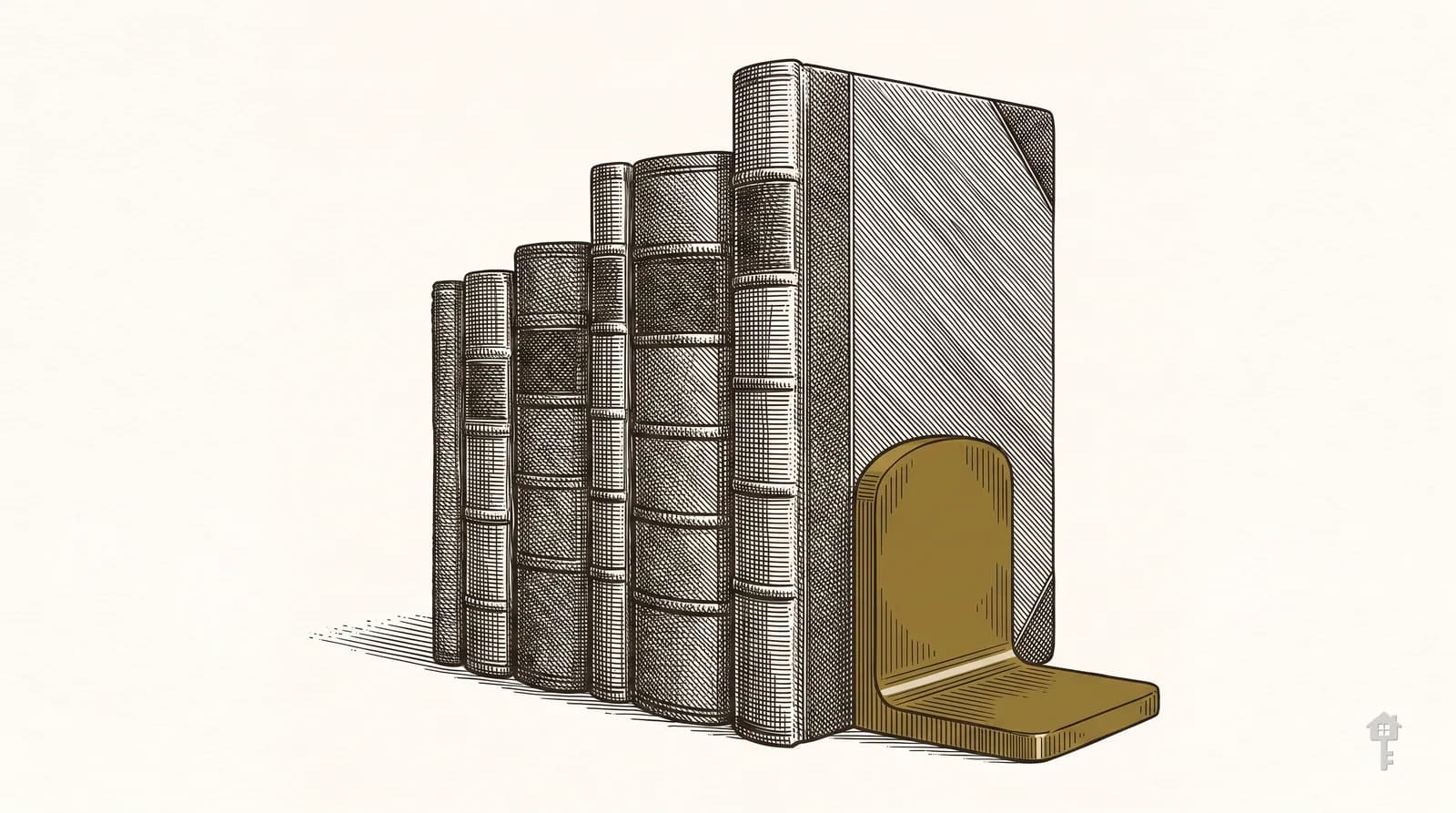 Engraving of four ledger books rising in a step against a brass bookend