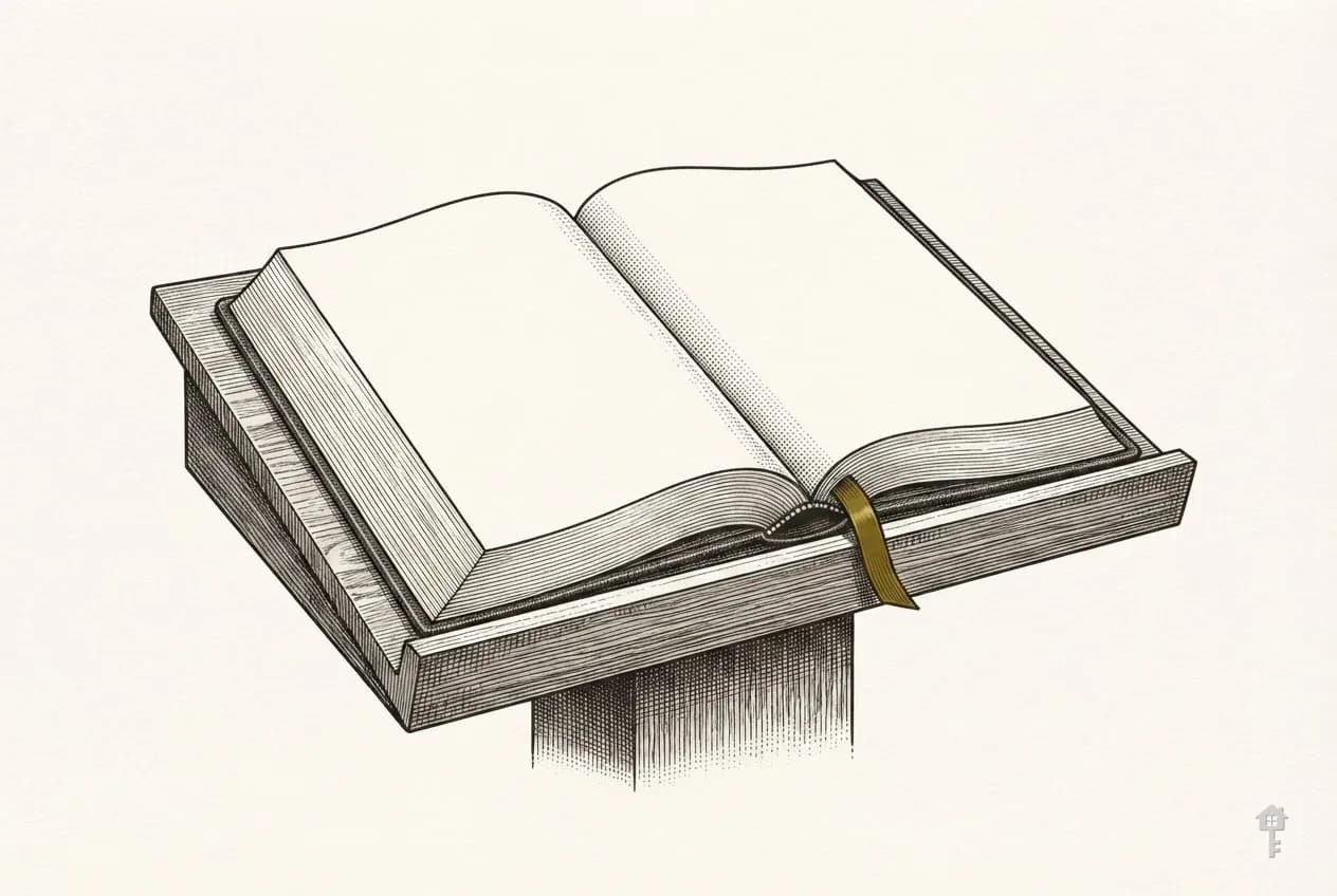 Engraved statute book open on a lectern, its pages blank