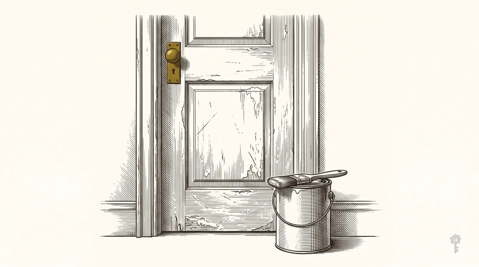 Engraving of a scuffed door and paint tin with a brass doorknob