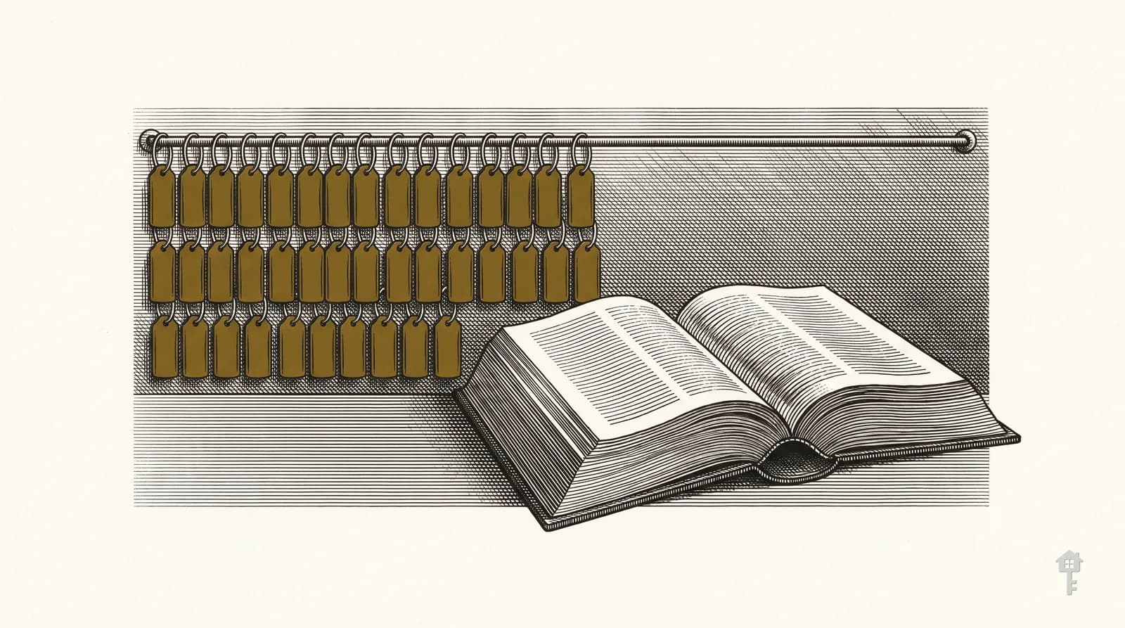 Engraving of fifty brass key tags on a ring beside an open statute book