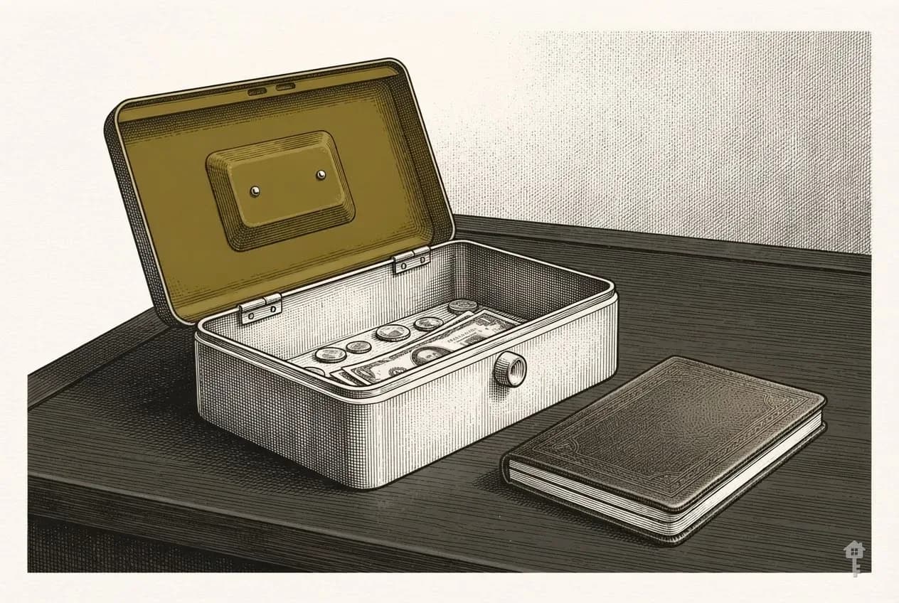 Engraved cash box and bank passbook