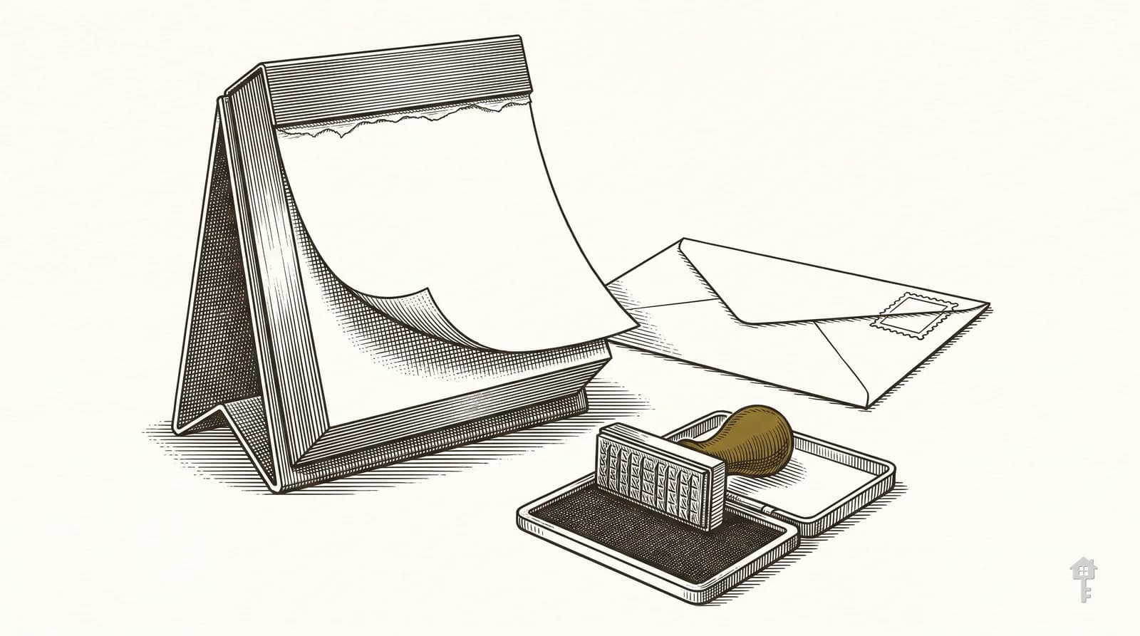 Engraving of a tear-off desk calendar with a blank leaf, a stamped envelope and a rubber date stamp on its ink pad
