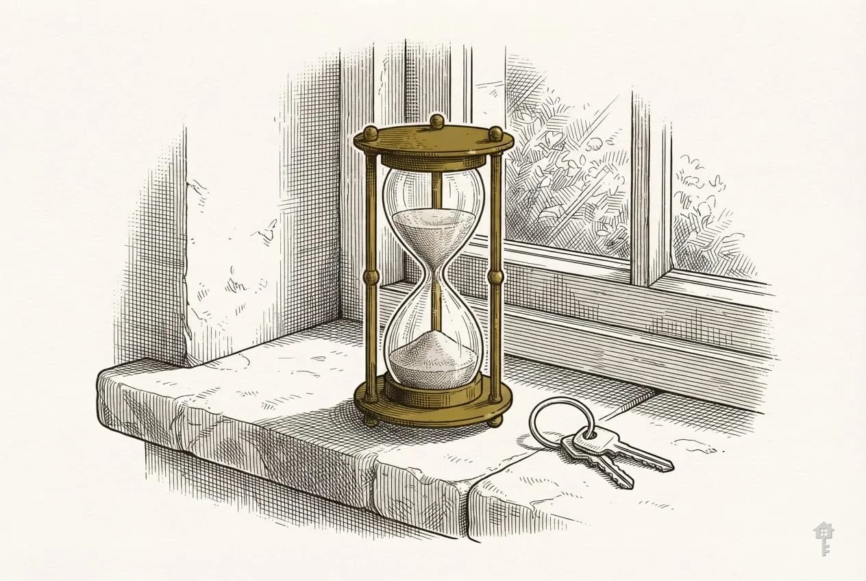 Engraved hourglass and key ring on a windowsill