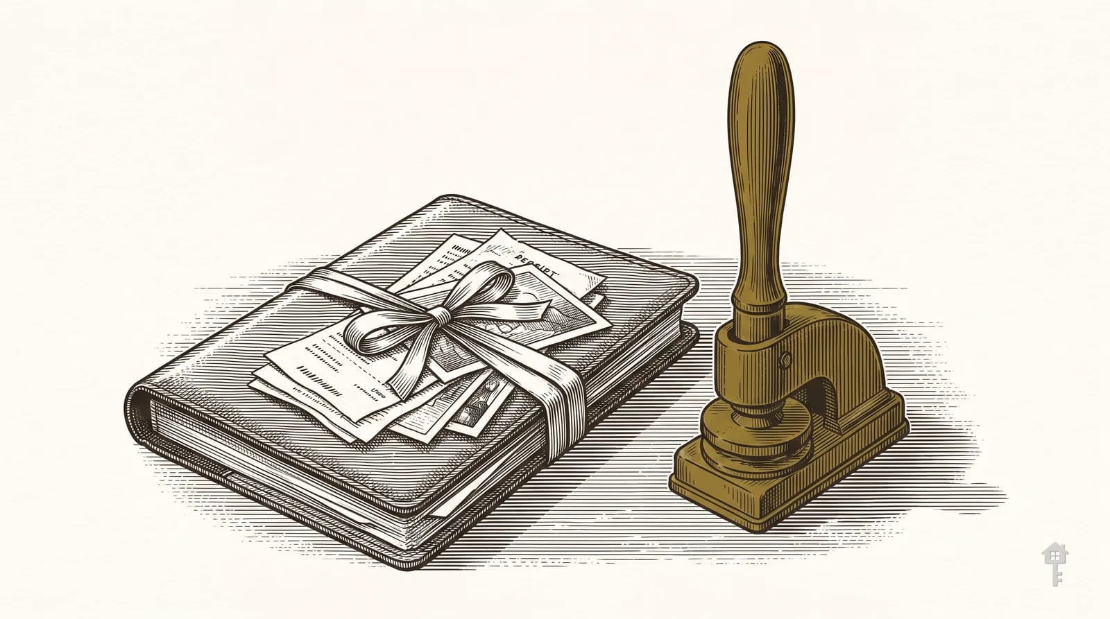 Engraving of a tied document wallet, a bundle of receipts and a brass seal press