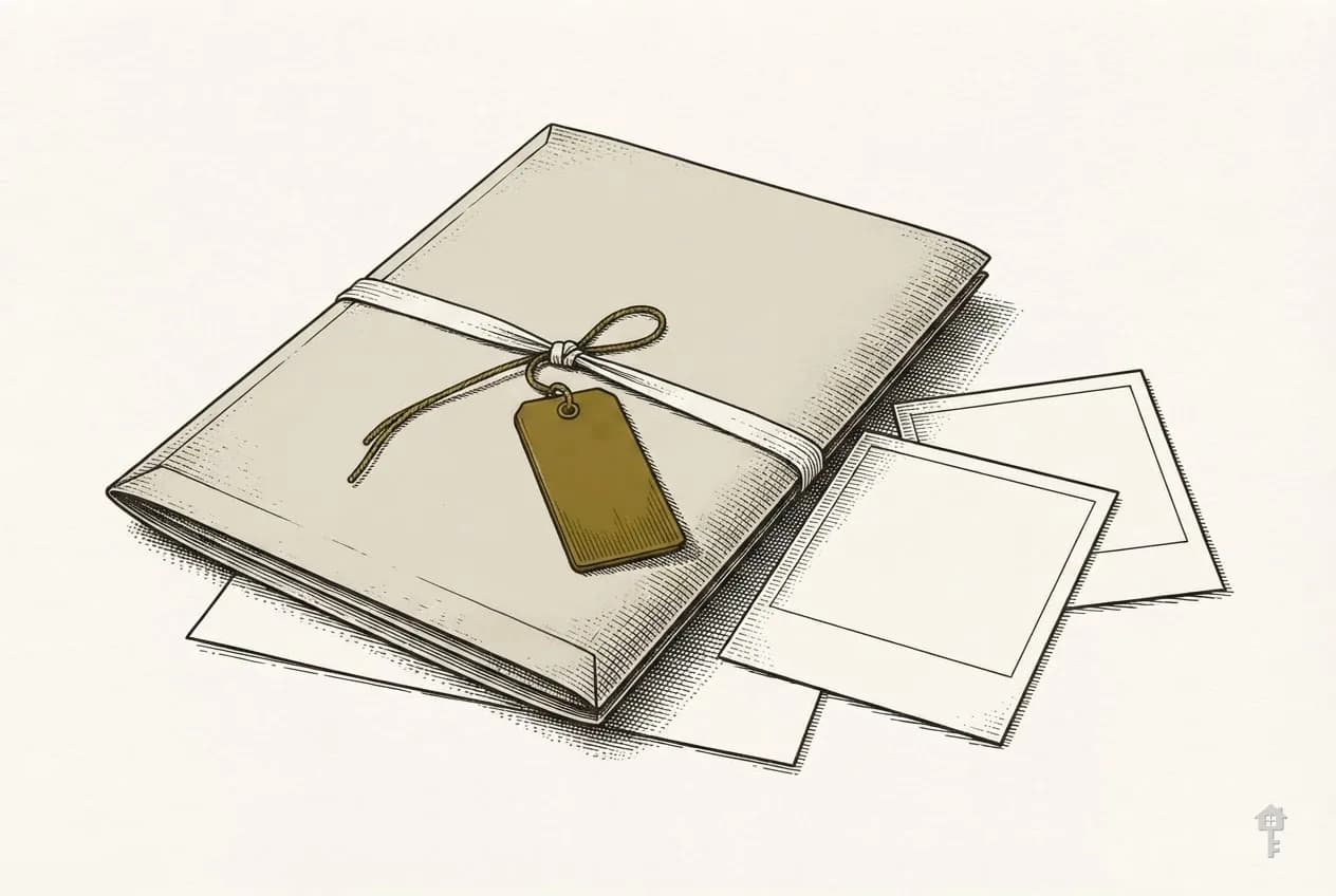 Engraved document wallet with a blank brass tag and face-down prints