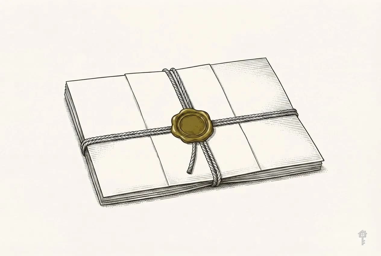 Engraved folded document tied with cord and closed with a pressed wax seal