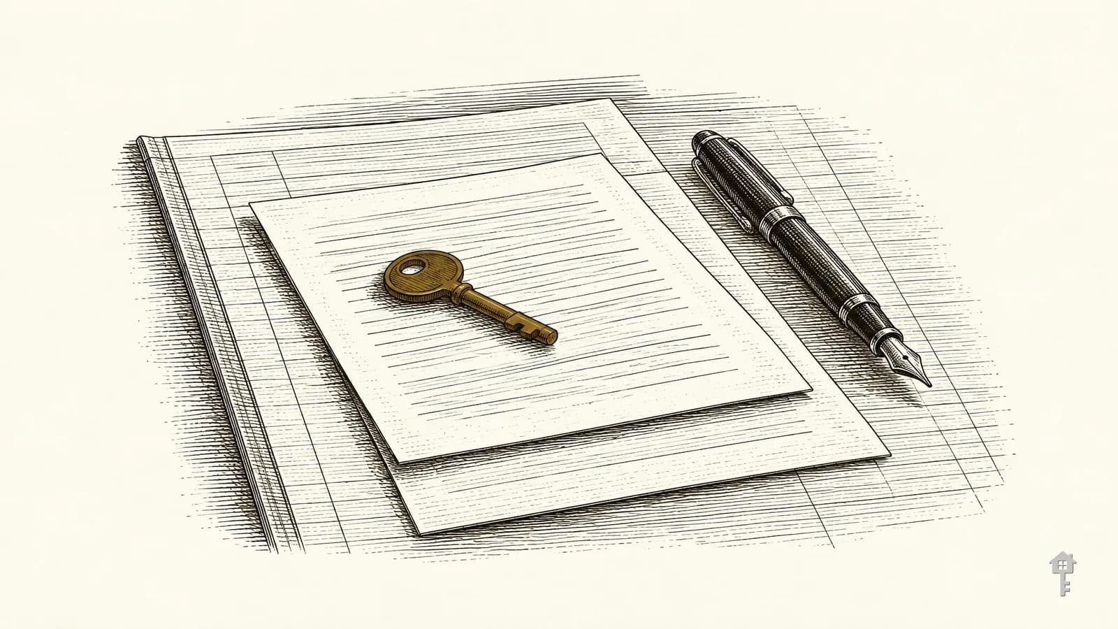 Engraving of two lease documents overlapping on a desk with a brass key on the upper page