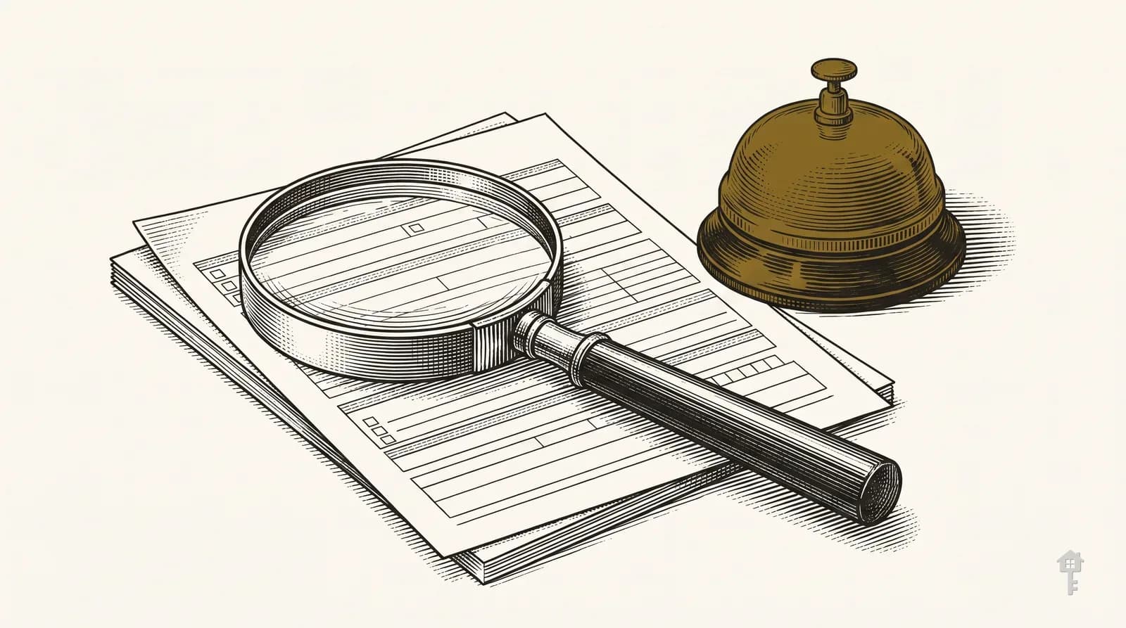 Engraving of a magnifying glass over application forms beside a brass bell