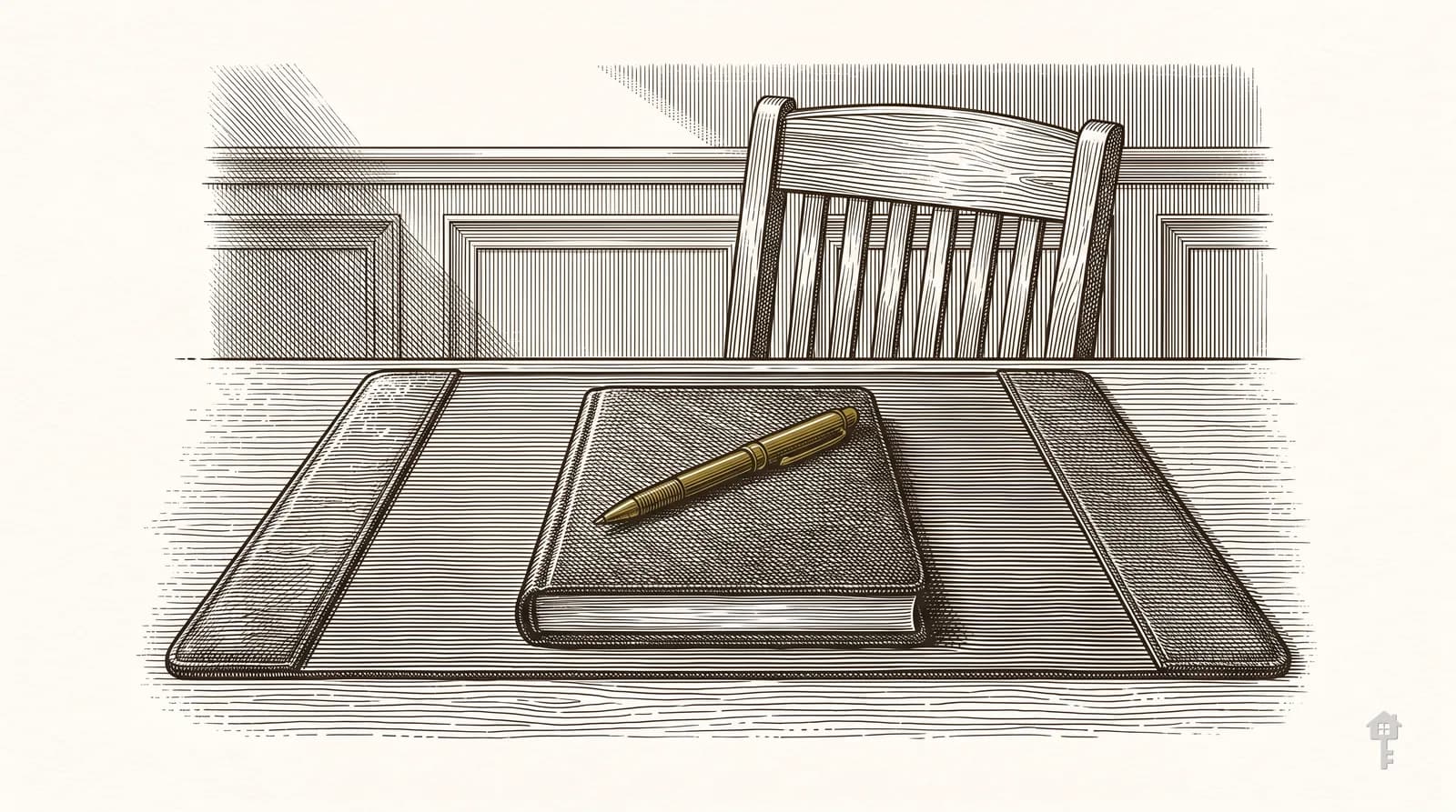 Engraving of a desk with a closed notebook, a brass pen and an empty chair on the far side