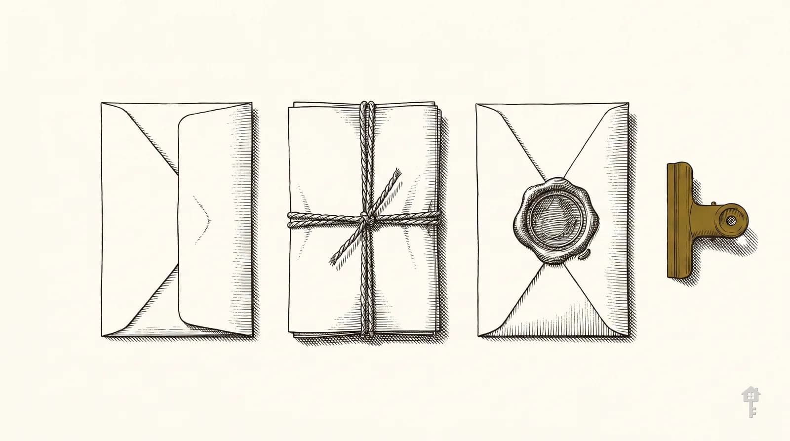 Engraving of three sealed notices in a row: folded, corded and wax-sealed, beside a brass clip