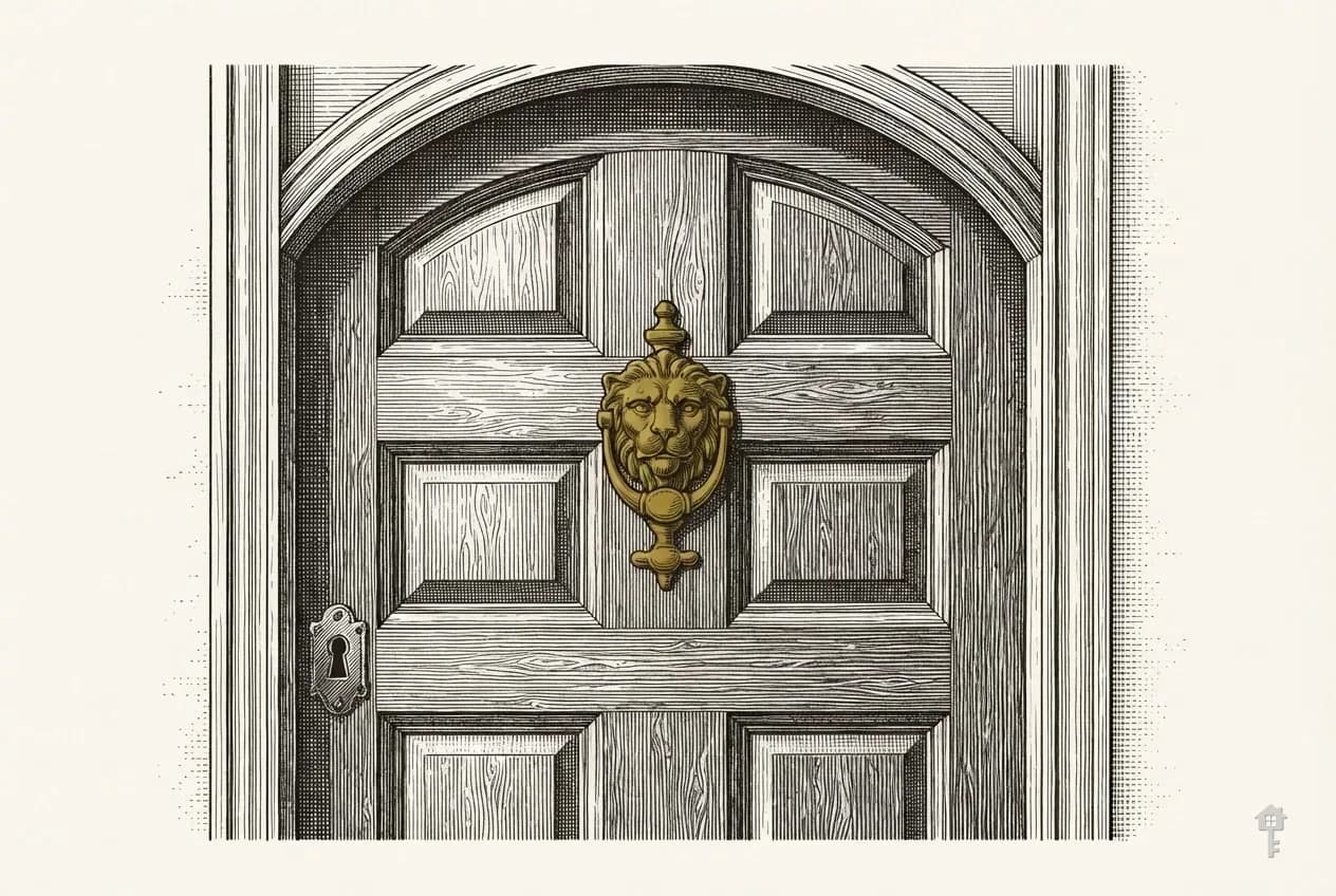 Engraved door knocker on a panelled door