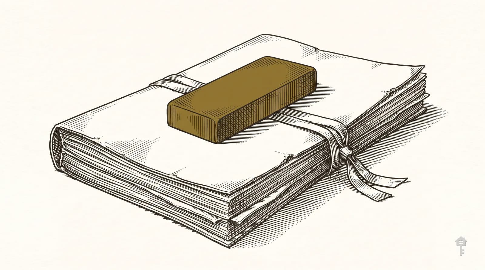Engraving of a ribbon-bound folded lease under a brass paperweight