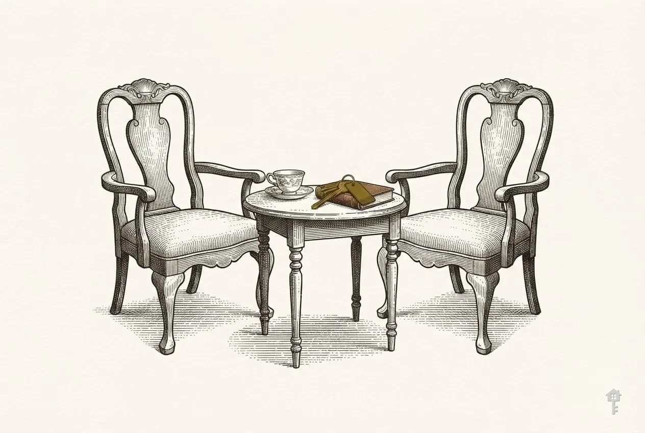 Engraved two chairs facing across a table