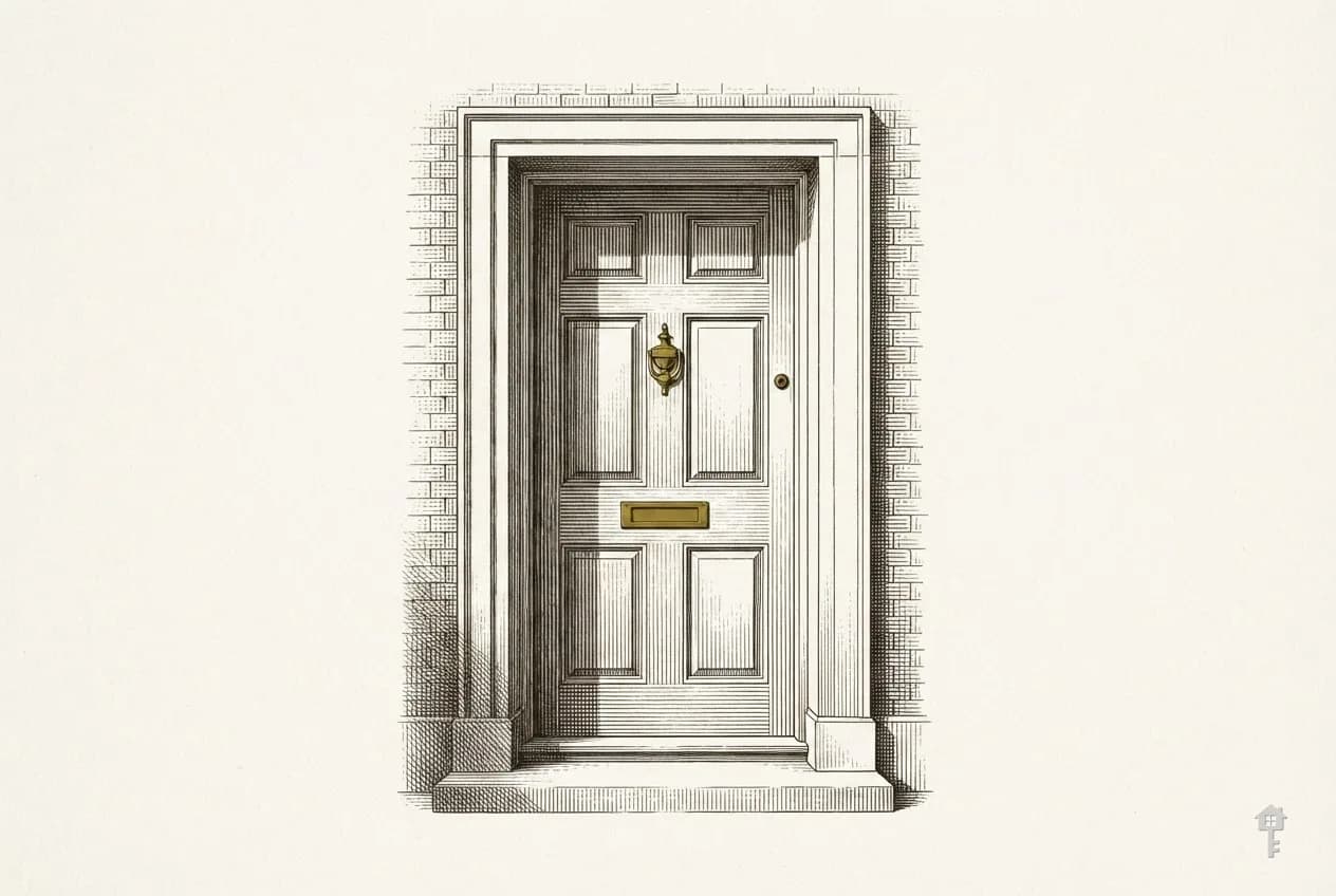 Engraved panelled front door with a brass knocker and letter slot
