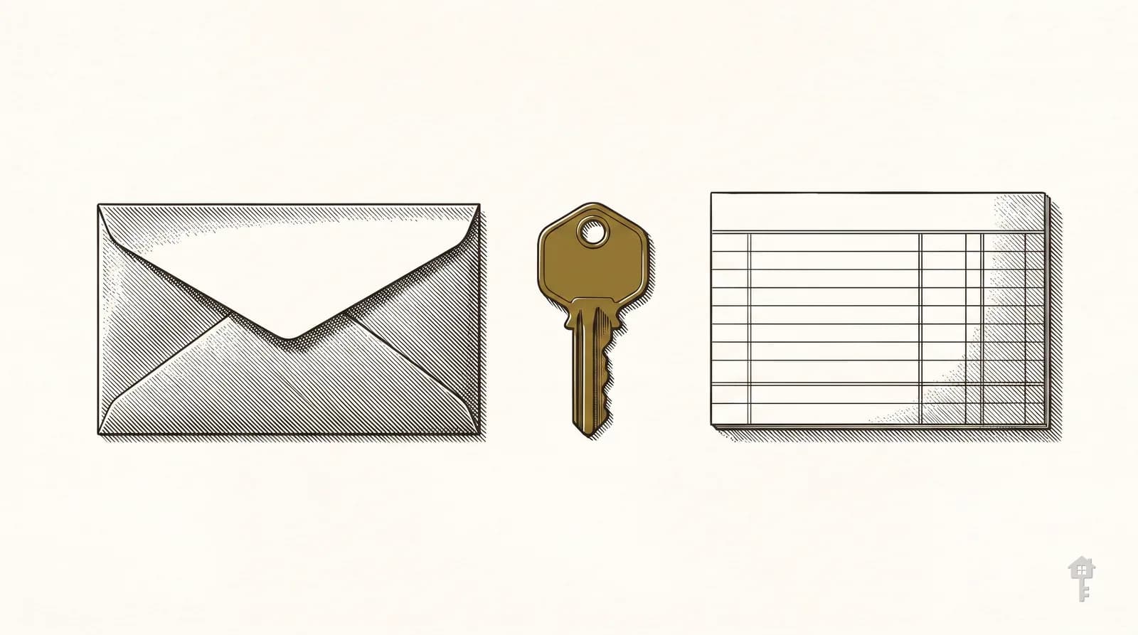 Engraving of a cheque envelope, brass key and ledger card