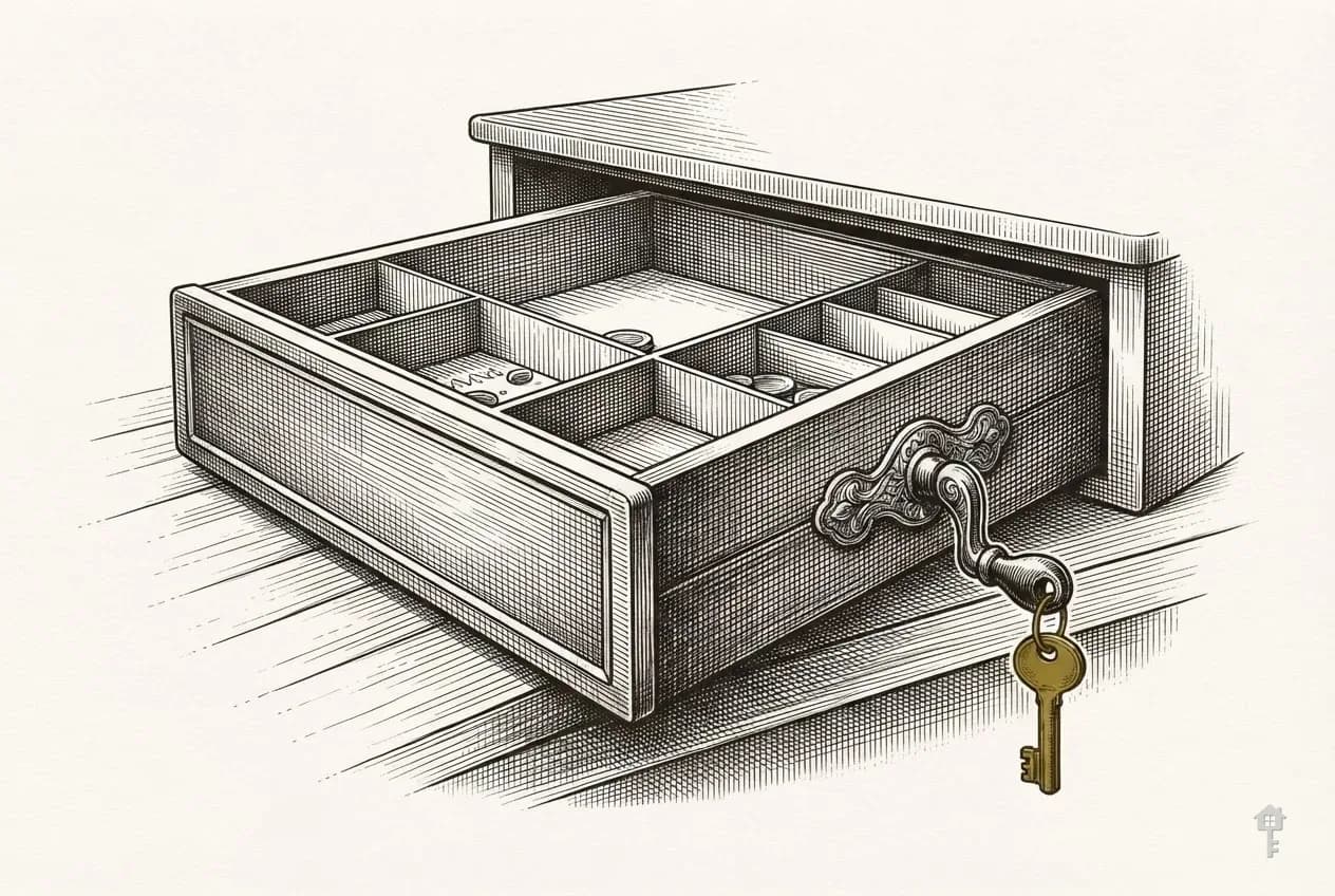 Engraved cash drawer half open