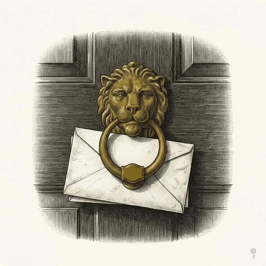 Engraved envelope behind a brass door knocker