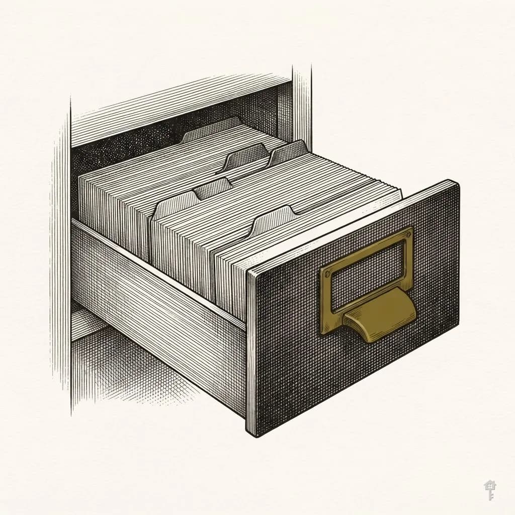 Engraved card index drawer half open, showing stepped tabbed dividers