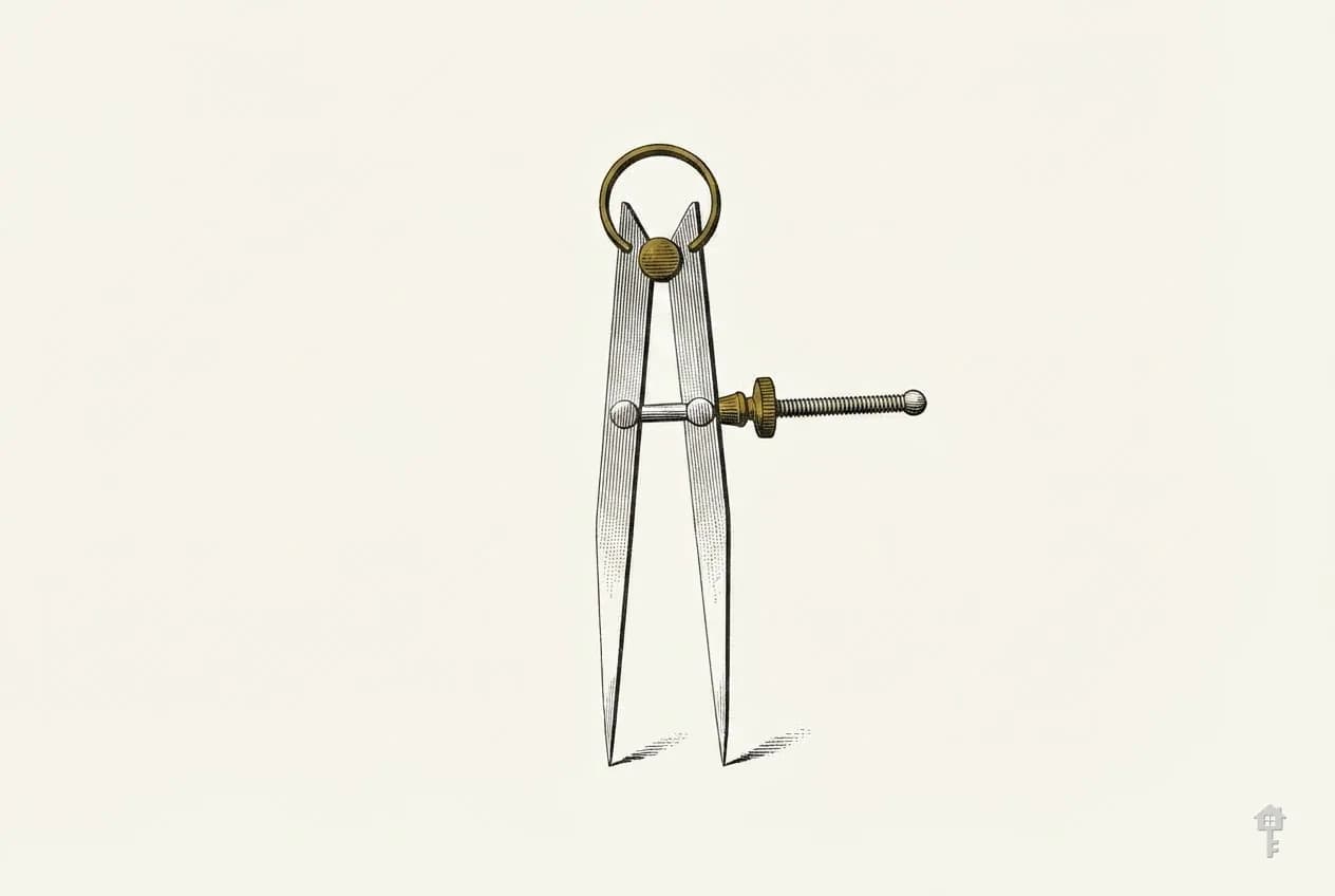 Engraved brass spring dividers standing on a blank sheet