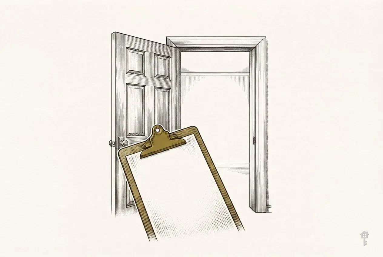 Engraved clipboard in an empty room's doorway